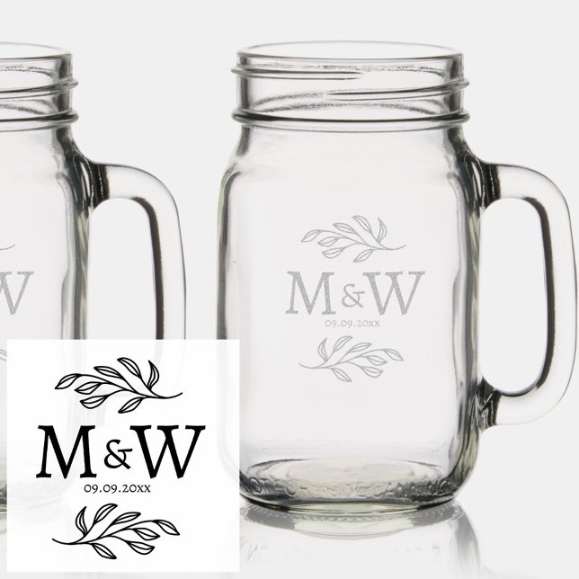 Wedding Couple Monogram Date Elegant Botanical Mason Jar W/ Handle (Wedding couple monogram initials and date personalized botanical etched mason jar)