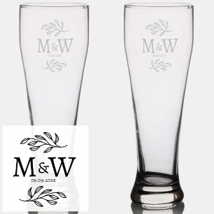 Wedding Couple Monogram Date Elegant Botanical Pilsner Glass