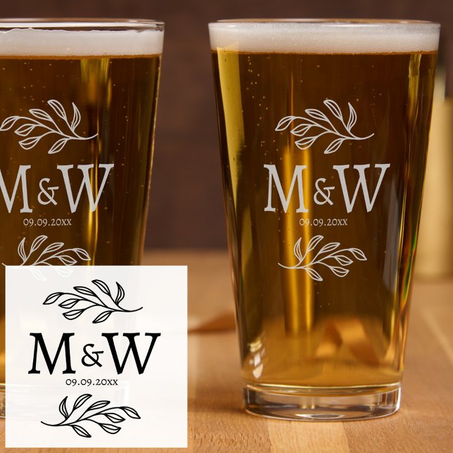 Wedding Couple Monogram Date Elegant Botanical Pint Glass (Wedding couple monogram initials and date personalized botanical etched pint beer glass)
