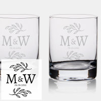 Wedding Couple Monogram Date Elegant Botanical Rocks Glass