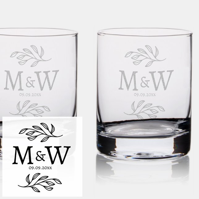 Wedding Couple Monogram Date Elegant Botanical Rocks Glass (Wedding couple monogram initials and date personalized botanical etched whiskey rocks glass)