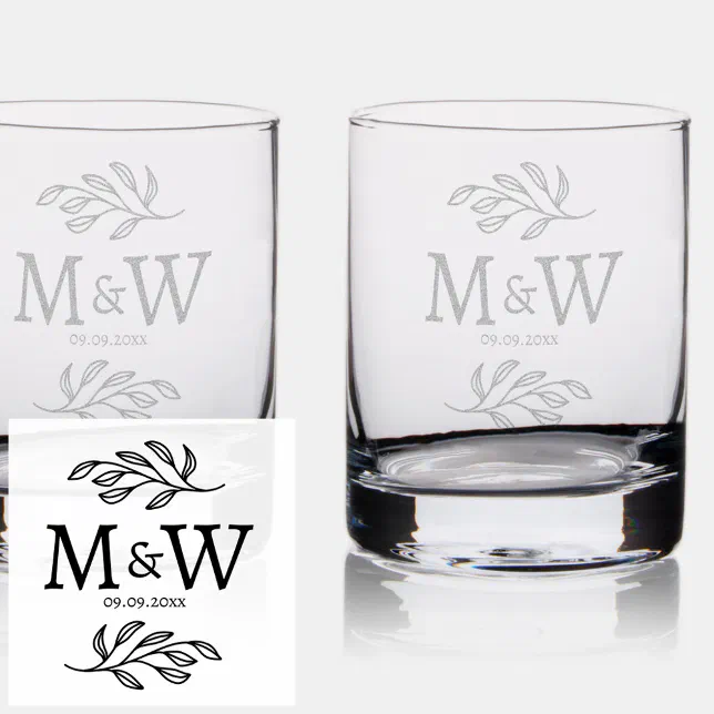 Wedding Couple Monogram Date Elegant Botanical Rocks Glass | Zazzle