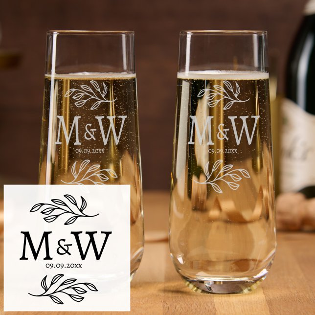 Wedding Couple Monogram Date Elegant Botanical Stemless Champagne Flute (Wedding couple monogram initials and date personalized botanical etched stemless champagne flute)