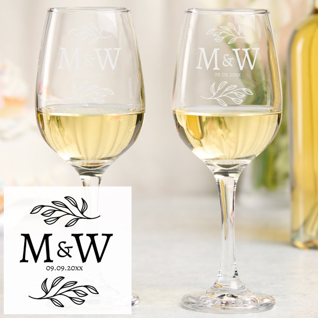 Wedding Couple Monogram Date Elegant Botanical Wine Glass (Wedding couple monogram initials and date personalized botanical etched wine glass)