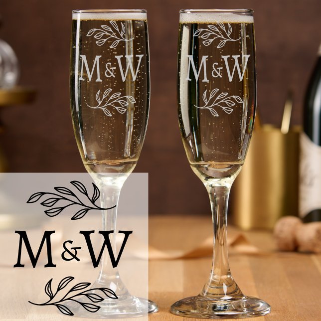Wedding Couple Monogram Elegant Botanical Champagne Flute (Modern elegant botanical wedding couple monogram initials etched champagne flute)
