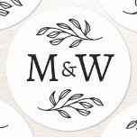 Wedding Couple Monogram Elegant Botanical Classic Round Sticker<br><div class="desc">Add a touch of class to your wedding with this unique personalized couple monogram initial botanical leaves design.  Modern,  minimalist and simple serif font for a sophisticated look. Ideal for your invitation stationery and favor boxes.  Original art by Nic Squirrell.</div>
