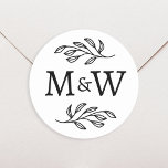 Wedding Couple Monogram Elegant Botanical Classic Round Sticker<br><div class="desc">Add a touch of class to your wedding with this unique personalized couple monogram initial botanical leaves design.  Modern,  minimalist and simple serif font for a sophisticated look. Ideal for your invitation stationery and favor boxes.  Original art by Nic Squirrell.</div>