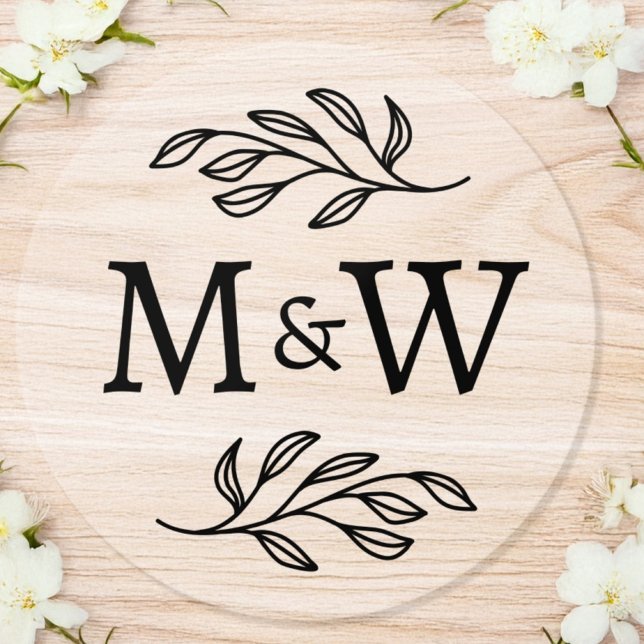 Wedding Couple Monogram Elegant Botanical Clear Classic Round Sticker (Creator Uploaded)