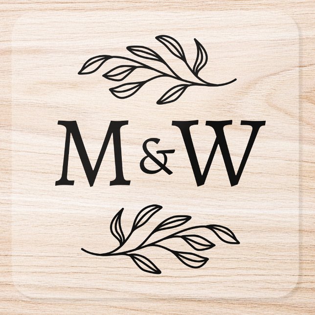 Wedding Couple Monogram Elegant Botanical Clear Square Sticker (Wedding couple monogram initials logo crest leaf sprig line art clear stickers)