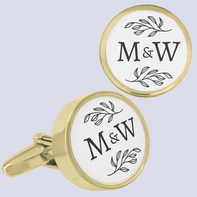 Wedding Couple Monogram Elegant Botanical Cufflinks (Modern wedding couple monogram initials botanical leaf design groom wedding day cufflinks)