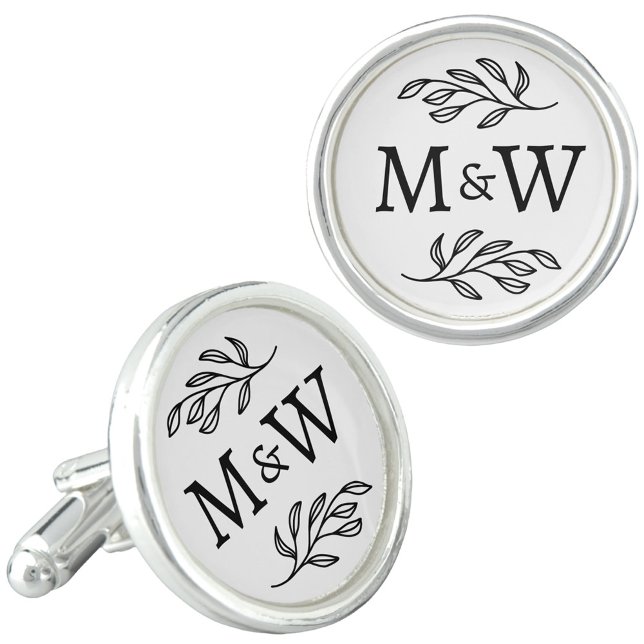 Wedding Couple Monogram Elegant Botanical Cufflinks (Modern wedding couple bride groom monogram initials botanical leaf design cufflinks for wedding day)