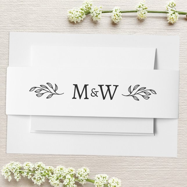 Wedding Couple Monogram Elegant Botanical Invitation Belly Band (Modern wedding couple initials monogram with botanical leaf sprig belly band)