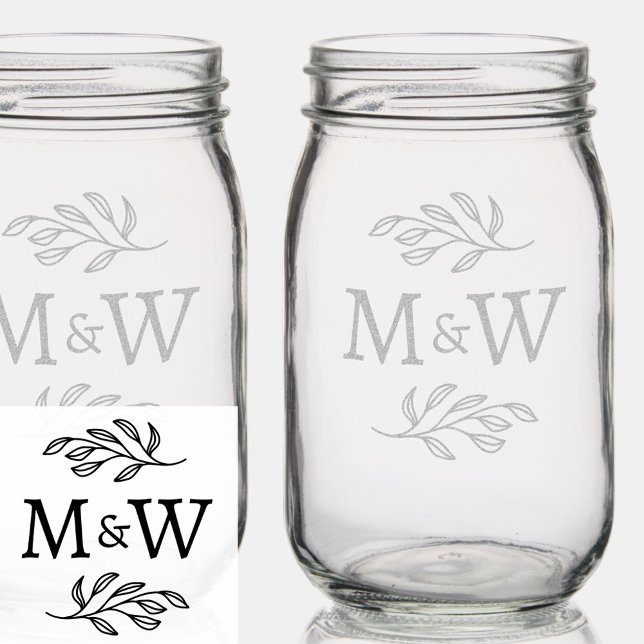 Wedding Couple Monogram Elegant Botanical Mason Jar (Modern elegant botanical wedding couple monogram initials etched mason jar)