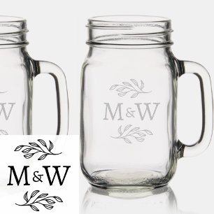 Wedding Couple Monogram Elegant Botanical Mason Jar W/ Handle