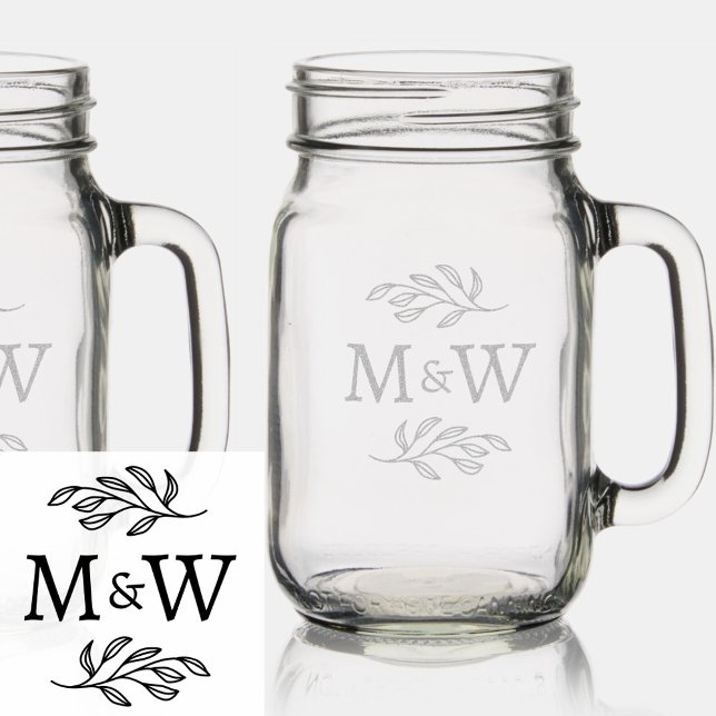 Wedding Couple Monogram Elegant Botanical Mason Jar W/ Handle (Modern elegant botanical wedding couple monogram initials etched mason jar with handle)