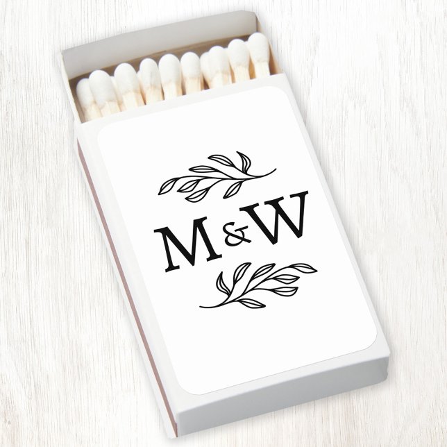 Wedding Couple Monogram Elegant Botanical Matchboxes (Modern wedding couple monogram logo initials match box favor with botanical leaf sprig)