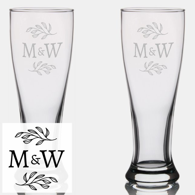 Wedding Couple Monogram Elegant Botanical Pilsner Glass (Modern elegant botanical wedding couple monogram initials etched pilsner glass)