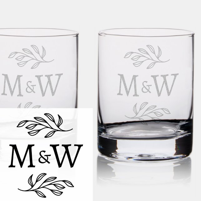 Wedding Couple Monogram Elegant Botanical Rocks Glass (Modern elegant botanical wedding couple monogram initials etched whiskey rocks glass)