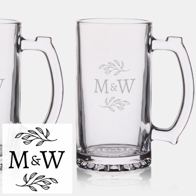 Wedding Couple Monogram Elegant Botanical Stein (Modern elegant botanical wedding couple monogram initials etched beer stein glass)