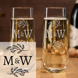 Wedding Couple Monogram Elegant Botanical Stemless Champagne Flute