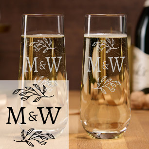 Wedding Couple Monogram Elegant Botanical Stemless Champagne Flute