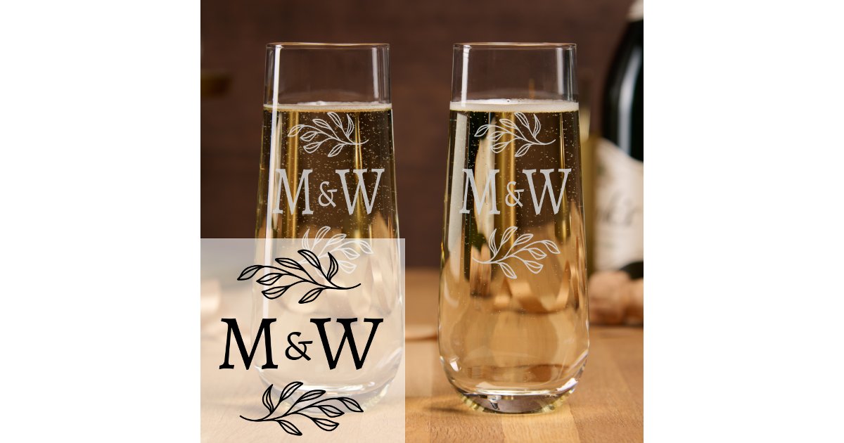 Wedding Couple Monogram Elegant Botanical Stemless Champagne Flute