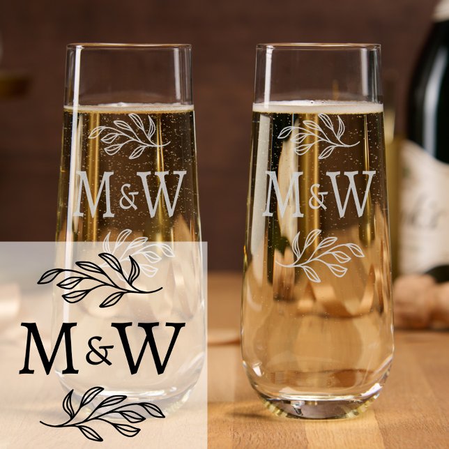 Wedding Couple Monogram Elegant Botanical Stemless Champagne Flute (Modern elegant botanical wedding couple monogram initials etched stemless champagne glass)
