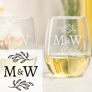 Wedding Couple Monogram Elegant Botanical Stemless Wine Glass