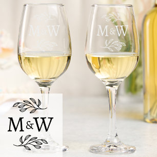 Wedding Couple Monogram Elegant Botanical Wine Glass