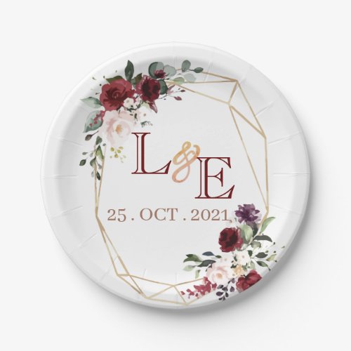 Wedding couple monogram  floral paper plates