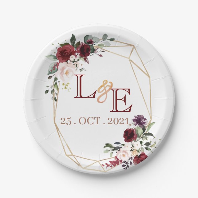 Wedding couple monogram  floral paper plates (Front)