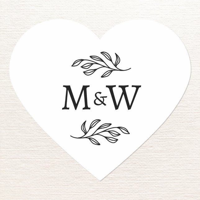 Wedding Couple Monogram Initial Botanical Heart Sticker (Modern wedding couple monogram initial logo botanical leaf heart sticker)