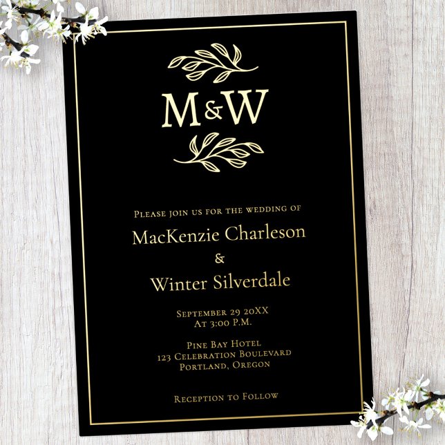 Wedding Couple Monogram Initials Black Gold Foil Invitation (Modern black gold foil wedding invitation with couple monogram initials and botanical line art)