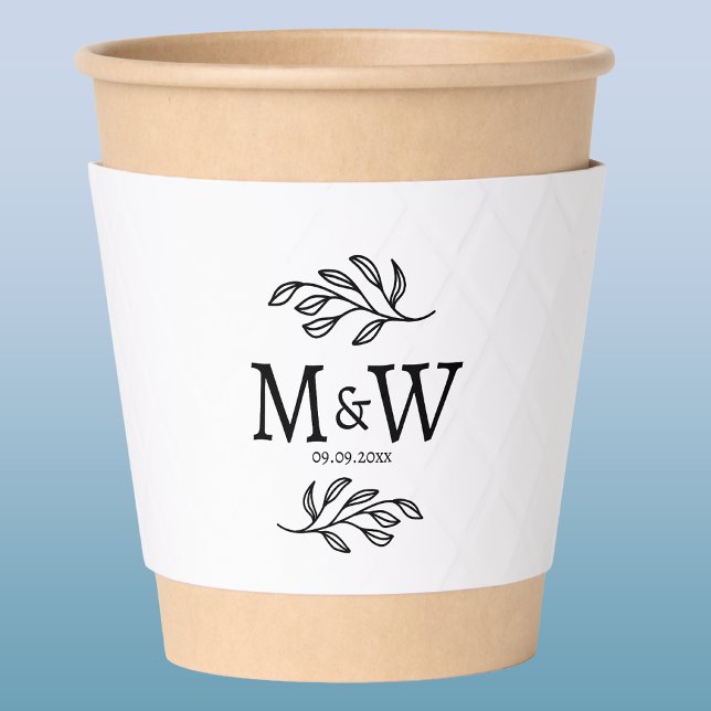 Wedding Couple Monogram Initials Date Botanical Coffee Cup Sleeve (Wedding couple logo monogram initial date botanical leaf coffee cup sleeve)