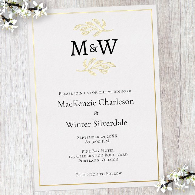 Wedding Couple Monogram Initials Minimalist Foil Invitation (Modern gold foil wedding invitation with couple monogram initials and botanical leaf line art)