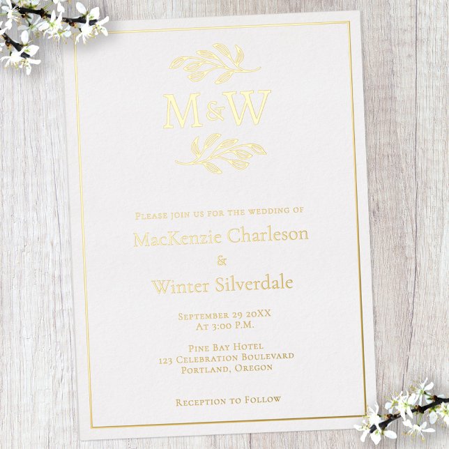 Wedding Couple Monogram Initials Minimalist Gold Foil Invitation (Modern gold foil wedding invitation with couple initials monogram and botanical leaf line art)