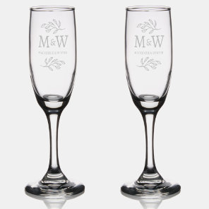Wedding Couple Monogram Names Elegant Botanical Champagne Flute