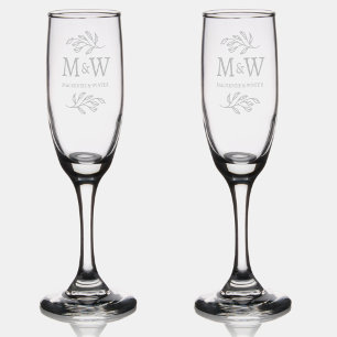 Wedding Couple Monogram Names Elegant Botanical Champagne Flute