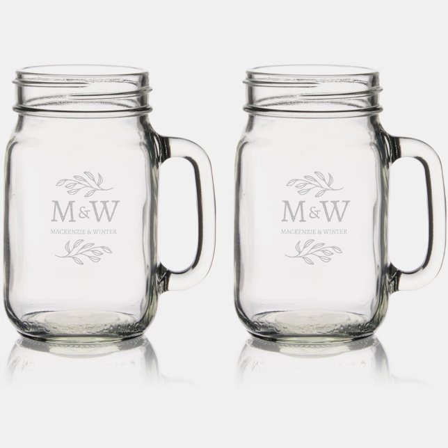 Wedding Couple Monogram Names Elegant Botanical Mason Jar W/ Handle (Modern wedding couple monogram custom names botanical leaf design etched drinkware)