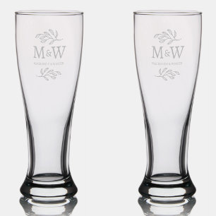 Wedding Couple Monogram Names Elegant Botanical Pilsner Glass