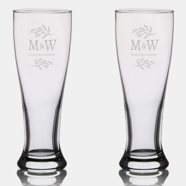 Wedding Couple Monogram Names Elegant Botanical Pilsner Glass (Modern wedding couple monogram custom names botanical leaf design etched drinkware)