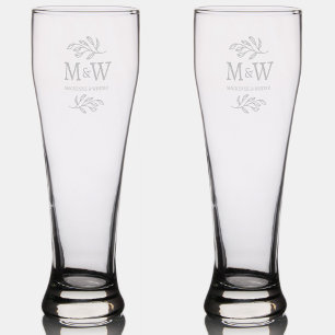 Wedding Couple Monogram Names Elegant Botanical Pilsner Glass