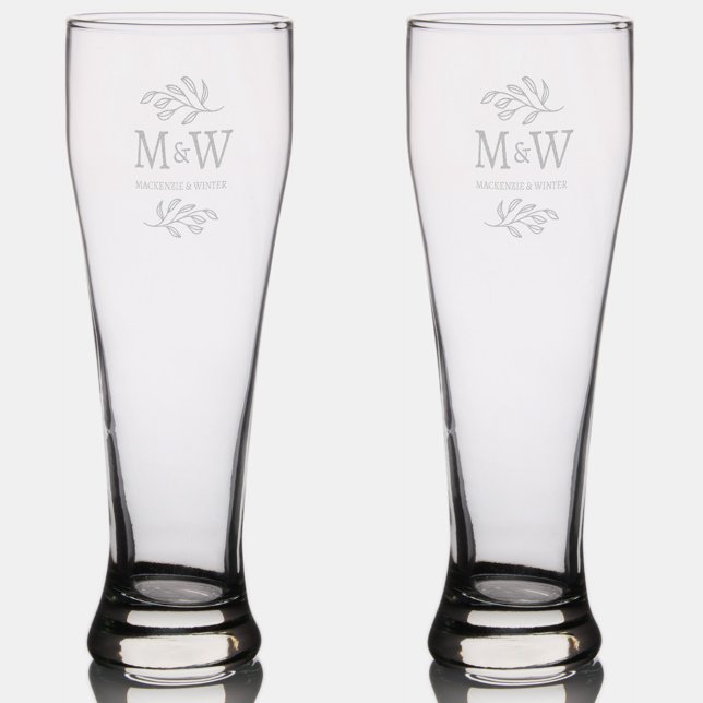 Wedding Couple Monogram Names Elegant Botanical Pilsner Glass (Modern wedding couple monogram custom names botanical leaf design etched drinkware)