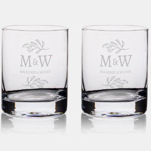 Wedding Couple Monogram Names Elegant Botanical Rocks Glass