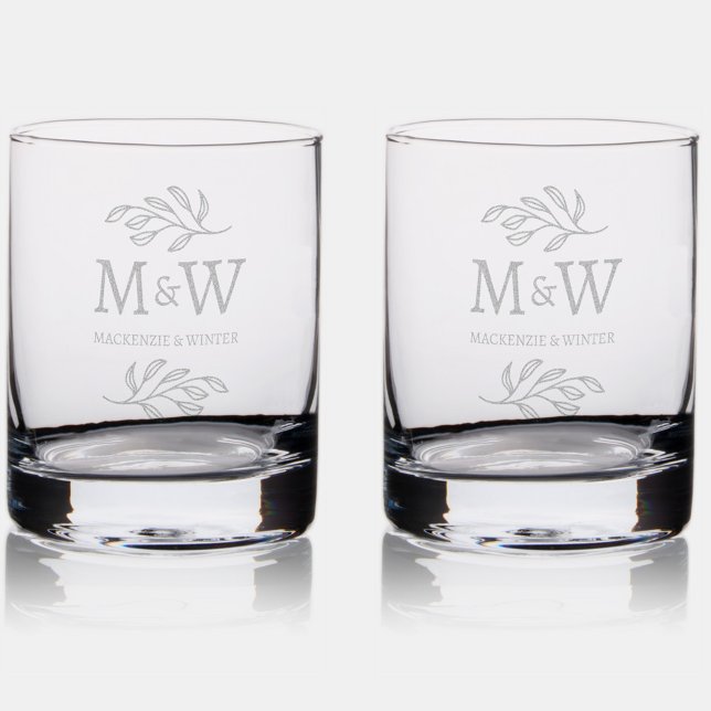 Wedding Couple Monogram Names Elegant Botanical Rocks Glass (Modern wedding couple monogram custom names botanical leaf design etched drinkware)