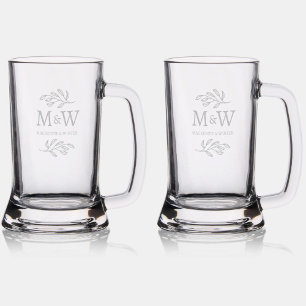 Wedding Couple Monogram Names Elegant Botanical Stein