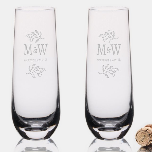 Wedding Couple Monogram Names Elegant Botanical Stemless Champagne Flute (Modern wedding couple monogram custom names botanical leaf design etched drinkware)