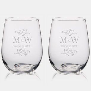 Wedding Couple Monogram Names Elegant Botanical Stemless Wine Glass