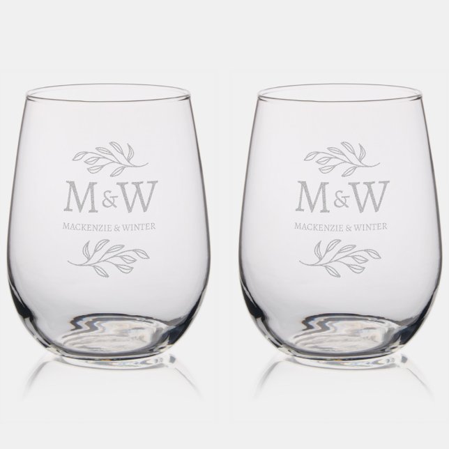Wedding Couple Monogram Names Elegant Botanical Stemless Wine Glass (Modern wedding couple monogram custom names botanical leaf design etched drinkware)