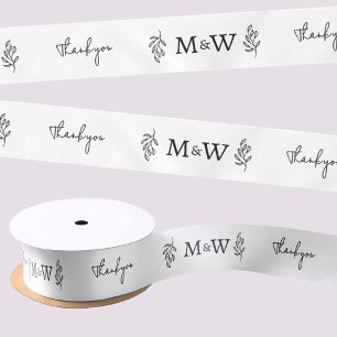 Wedding Couple Monogram Thank You Botanical Leaf Satin Ribbon